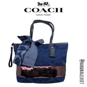 Coach F17574 Signature Tote Handbag Satin Sequins Medium Blue Bag